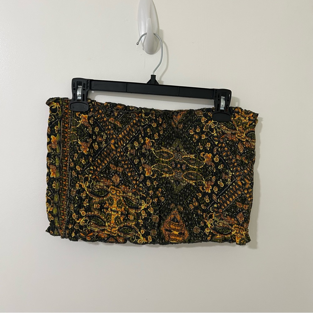 Women’s Boho Black and Orange Print Smocked Bandeau Tube Top Crop Top Size Large